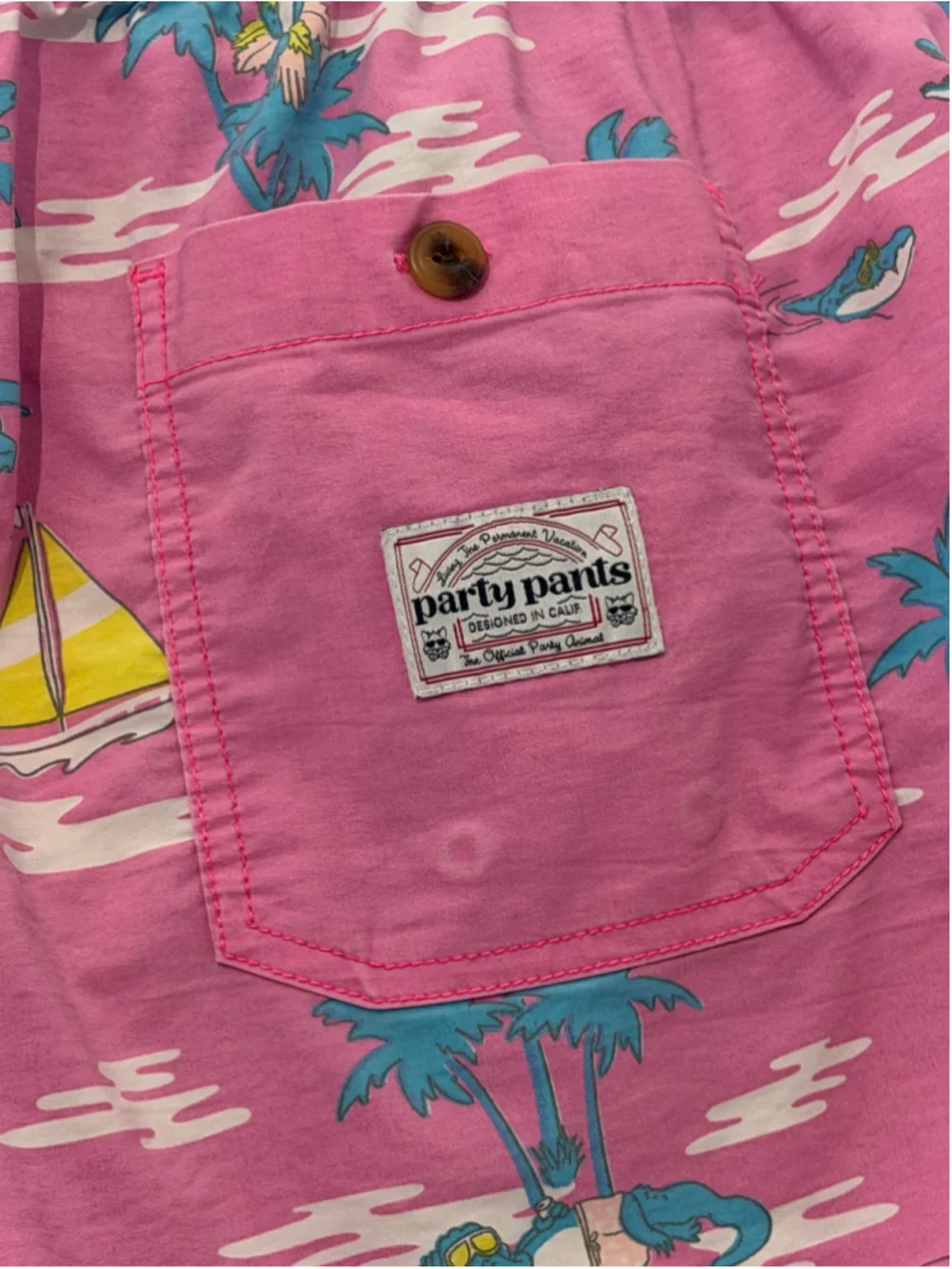 Party Pants Pink Tropical Alligator & Flamingo Swim Trunks – Men’s Medium